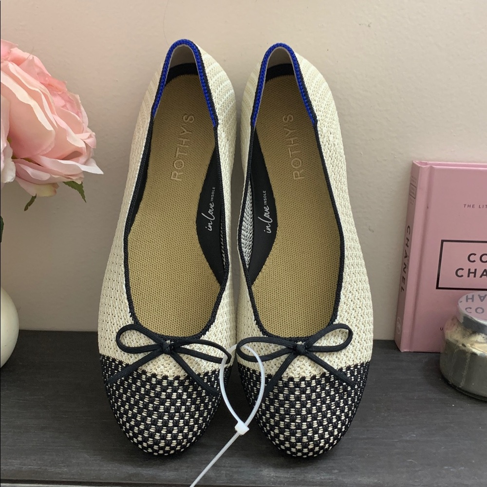 Rothy's Black and Beige Knit Cap Toe Ballet Flats